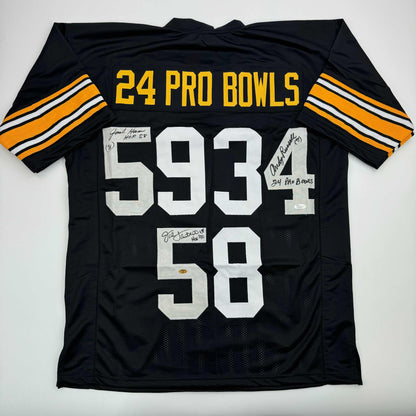 Autographed/Signed Jack Ham, Jack Lambert, and Andy Russell Inscribed "24 Pro Bowls", "HOF 88" & "HOF 90" Pittsburgh Black Football Jersey JSA COA