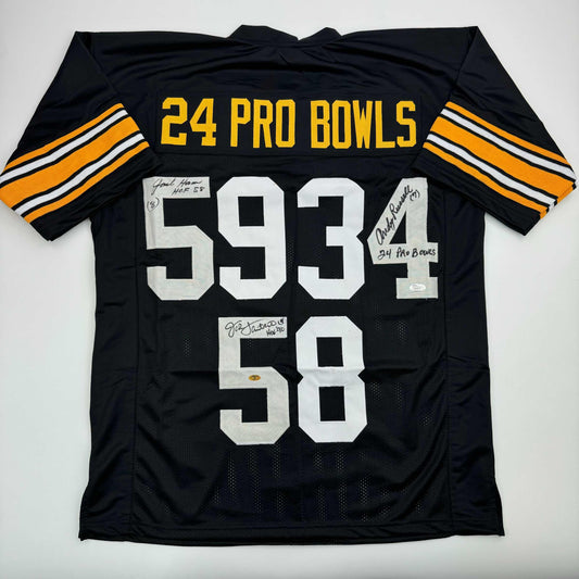 Autographed/Signed Jack Ham, Jack Lambert, and Andy Russell Inscribed "24 Pro Bowls", "HOF 88" & "HOF 90" Pittsburgh Black Football Jersey JSA COA