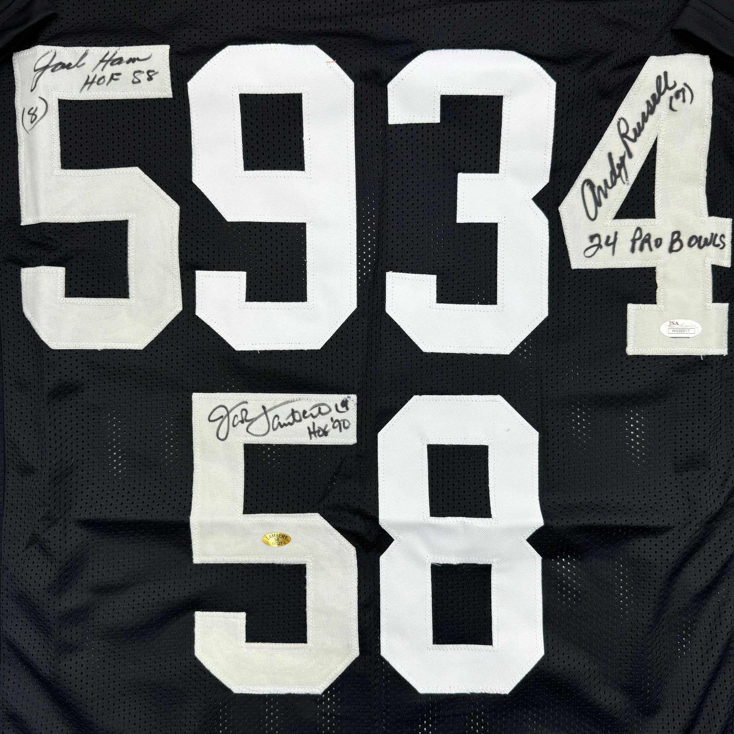 Autographed/Signed Jack Ham, Jack Lambert, and Andy Russell Inscribed "24 Pro Bowls", "HOF 88" & "HOF 90" Pittsburgh Black Football Jersey JSA COA