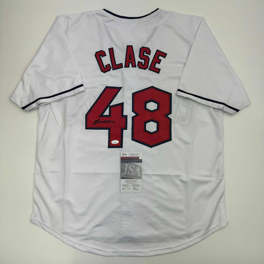 Autographed/Signed Emmanuel Clase Cleveland White Baseball Jersey JSA COA