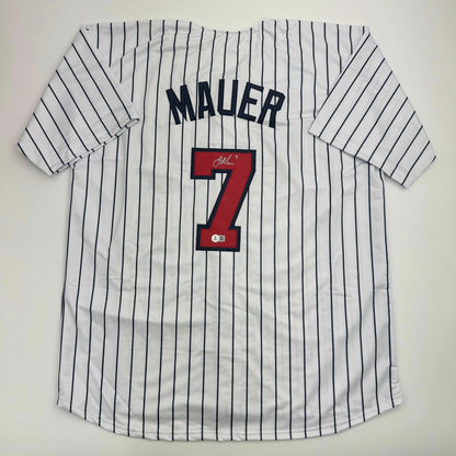 Autographed/Signed Joe Mauer Minnesota Pinstripe Baseball Jersey Beckett BAS COA