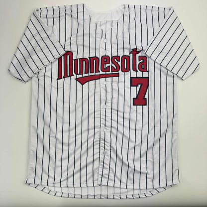 Autographed/Signed Joe Mauer Minnesota Pinstripe Baseball Jersey Beckett BAS COA