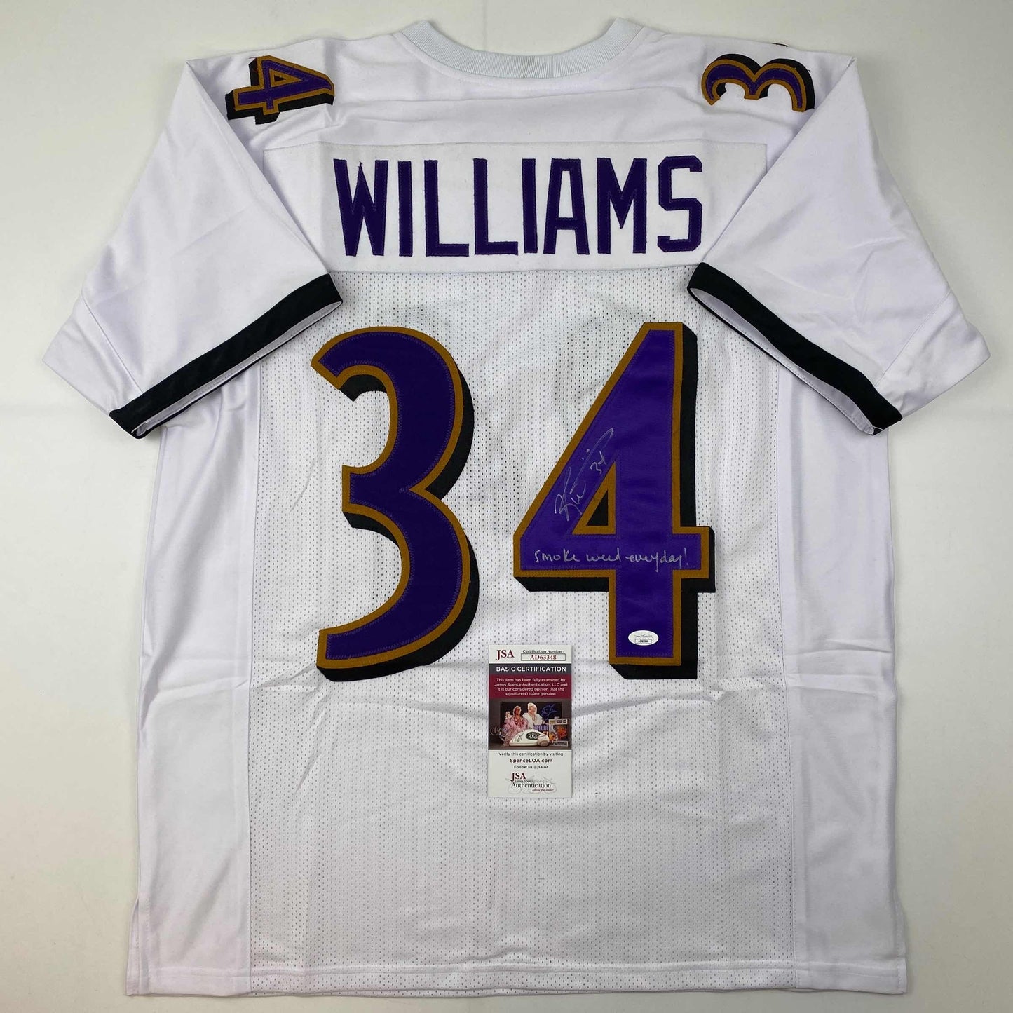 Autographed/Signed Ricky Williams Smoke Weed Everyday Inscribed Baltimore White Football Jersey JSA COA