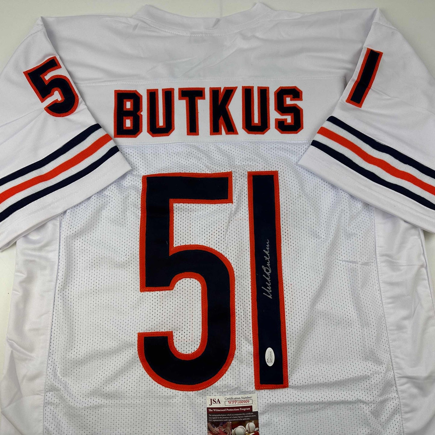 Autographed/Signed Dick Butkus Chicago White Football Jersey JSA COA