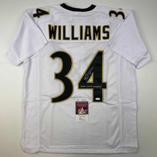 Autographed/Signed Ricky Williams Smoke Weed Everyday Inscribed New Orleans White Football Jersey JSA COA