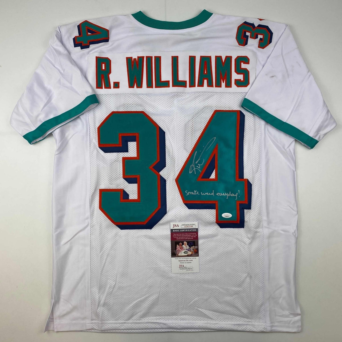 Autographed/Signed Ricky Williams Smoke Weed Everyday Inscribed Miami White Football Jersey JSA COA