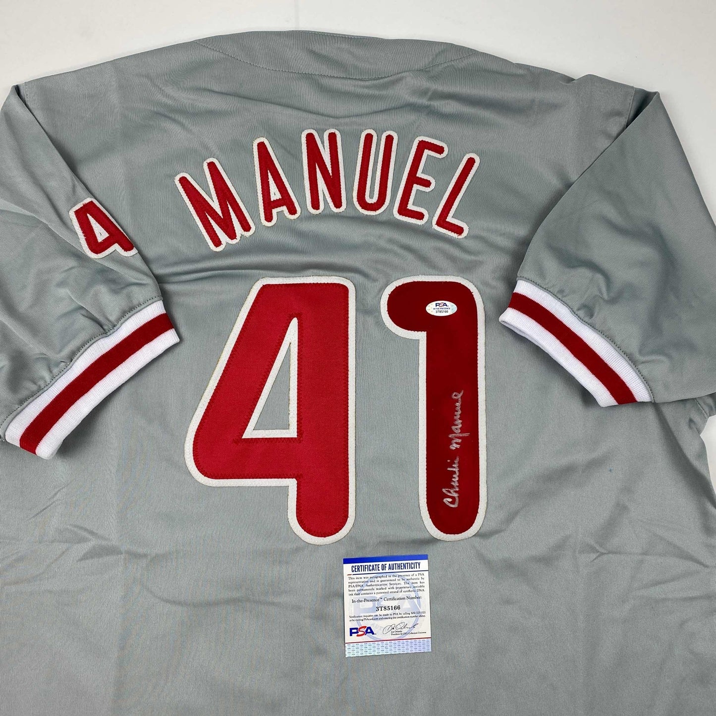 Autographed/Signed Charlie Manuel Philadelphia Grey Baseball Jersey PSA/DNA COA