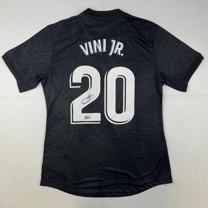 Autographed/Signed Vini Vinicius Jr. Real Madrid 2021-22 Black Soccer Jersey Beckett BAS COA