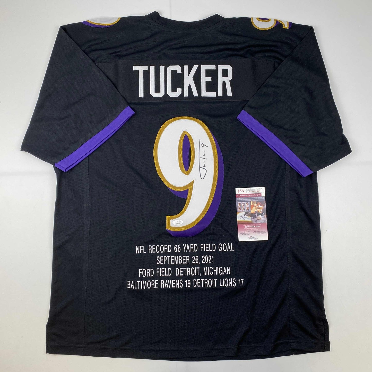 Autographed/Signed Justin Tucker 66 Yard GW FG Stat Baltimore Black Football Jersey JSA COA