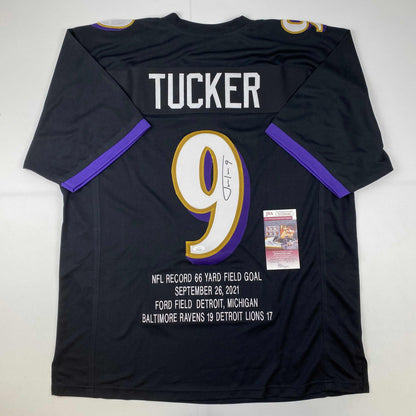Autographed/Signed Justin Tucker 66 Yard GW FG Stat Baltimore Black Football Jersey JSA COA