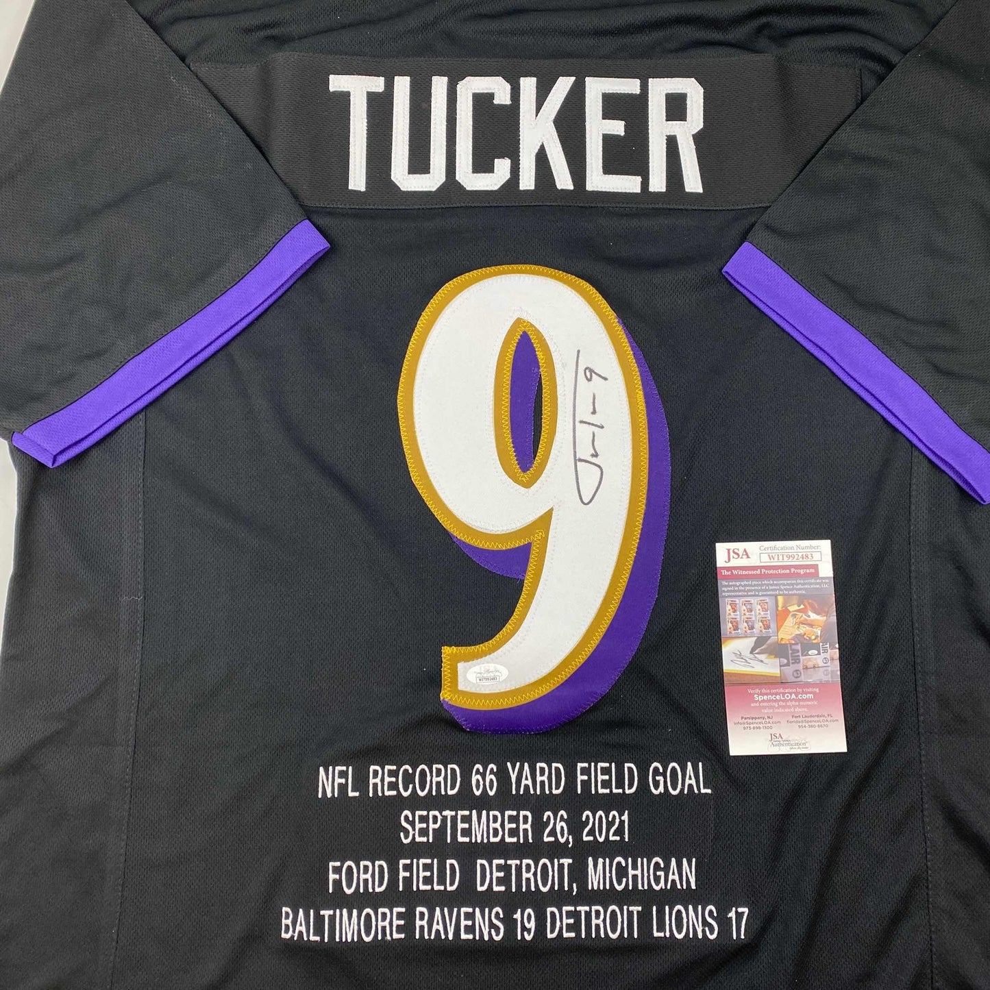 Autographed/Signed Justin Tucker 66 Yard GW FG Stat Baltimore Black Football Jersey JSA COA