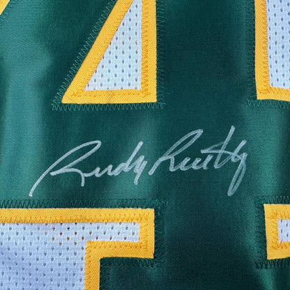 Autographed/Signed Rudy Ruettiger Notre Dame White/Green College Football Jersey JSA COA