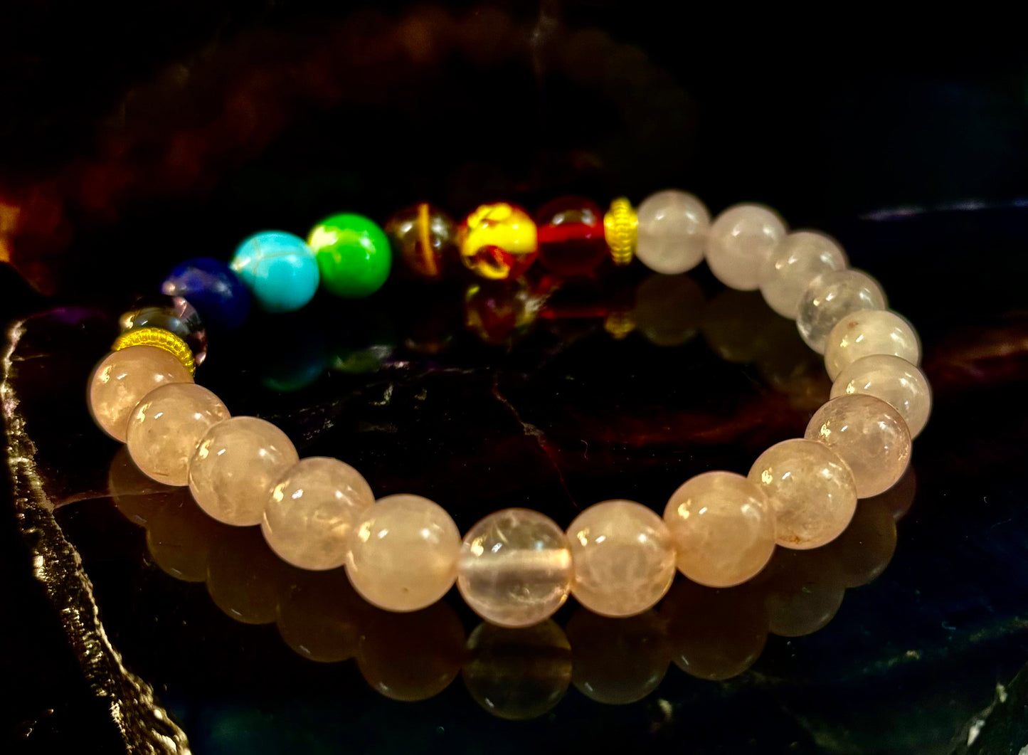 🌸 Chakra & Rose Quartz Healing Bracelet – Emotional Balance + Heart Energy Support