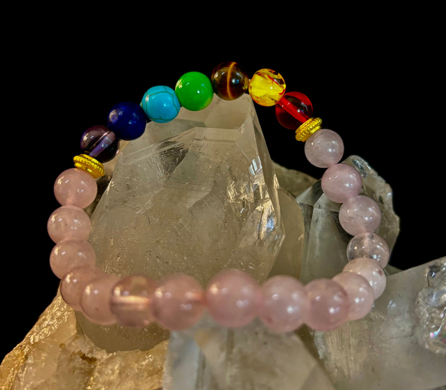 🌸 Chakra & Rose Quartz Healing Bracelet – Emotional Balance + Heart Energy Support