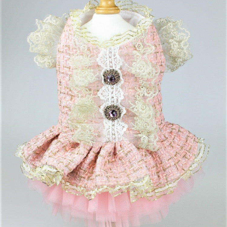 Vintage Pink Tweed Dog Dress - Elegant Pet Formal Wear with Jewel Accents