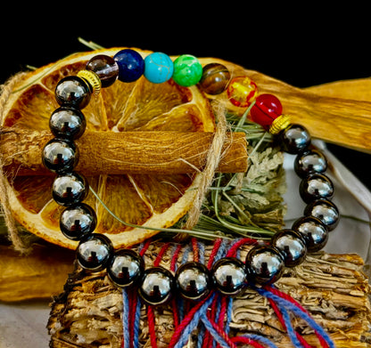 Chakra Healing Reiki-Infused Beaded Bracelet with Hematite for Full-Spectrum Balance, Grounding & Protection (Medium or Large Wrists)