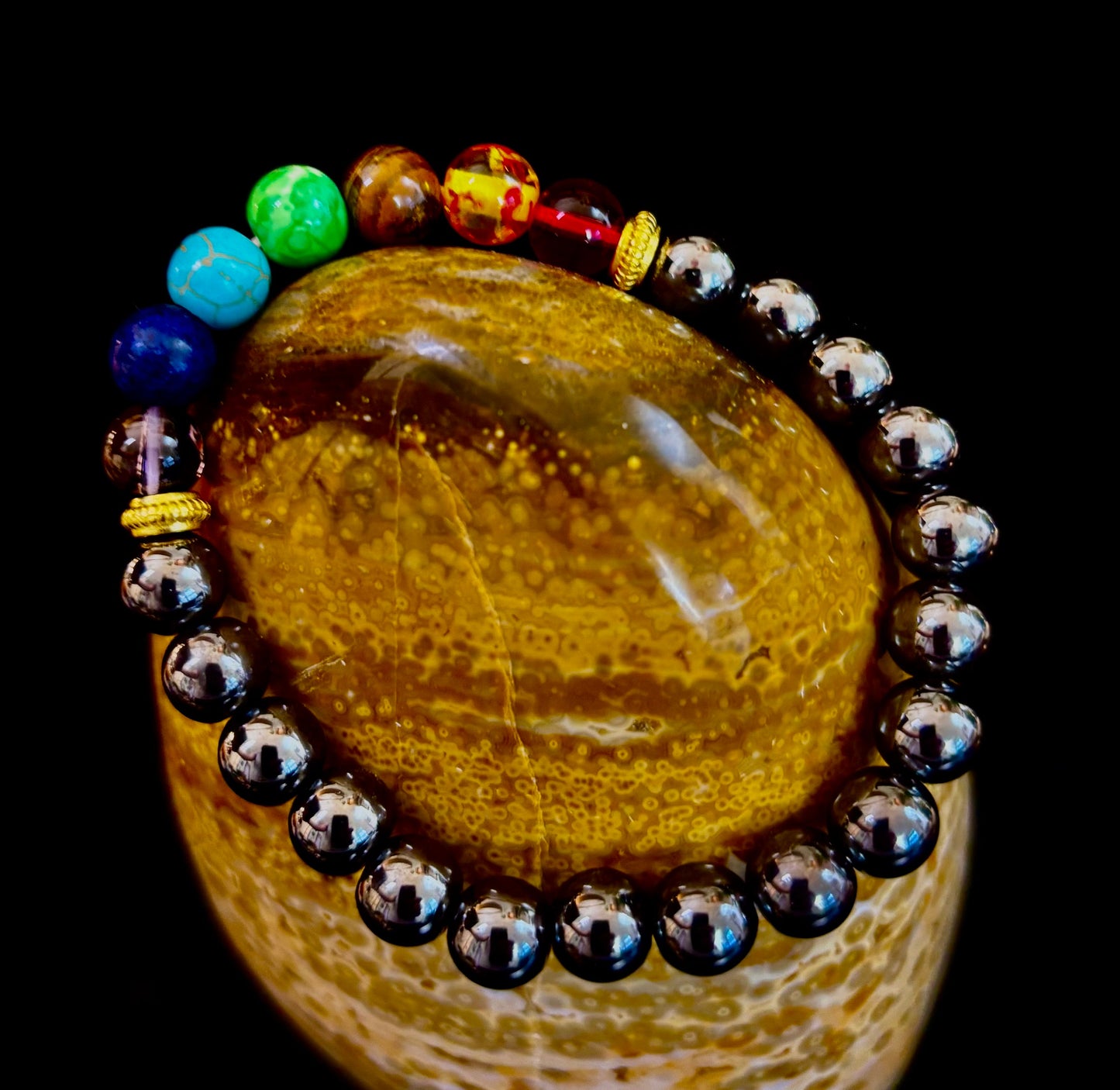 Chakra Healing Reiki-Infused Beaded Bracelet with Hematite for Full-Spectrum Balance, Grounding & Protection (Medium or Large Wrists)