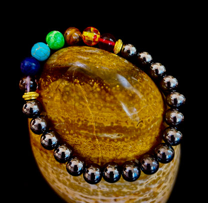 Chakra Healing Reiki-Infused Beaded Bracelet with Hematite for Full-Spectrum Balance, Grounding & Protection (Medium or Large Wrists)