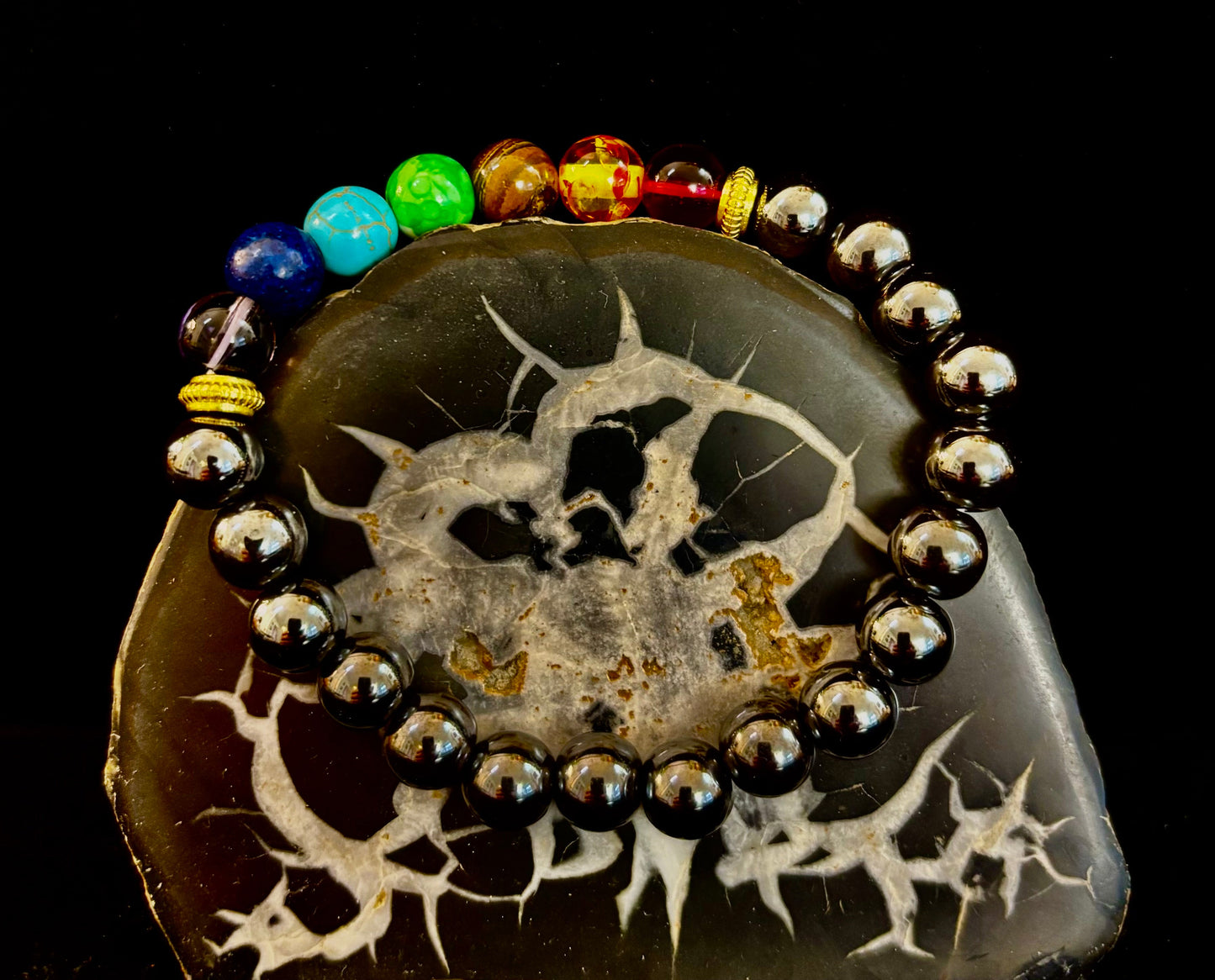 Chakra Healing Reiki-Infused Beaded Bracelet with Hematite for Full-Spectrum Balance, Grounding & Protection (Medium or Large Wrists)