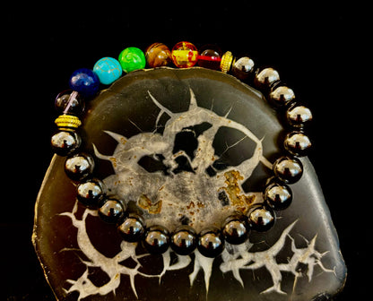 Chakra Healing Reiki-Infused Beaded Bracelet with Hematite for Full-Spectrum Balance, Grounding & Protection (Medium or Large Wrists)