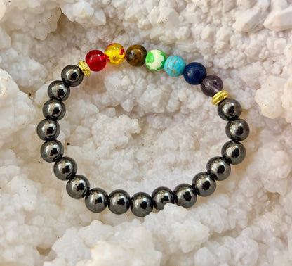 Chakra Healing Reiki-Infused Beaded Bracelet with Hematite for Full-Spectrum Balance, Grounding & Protection (Medium or Large Wrists)