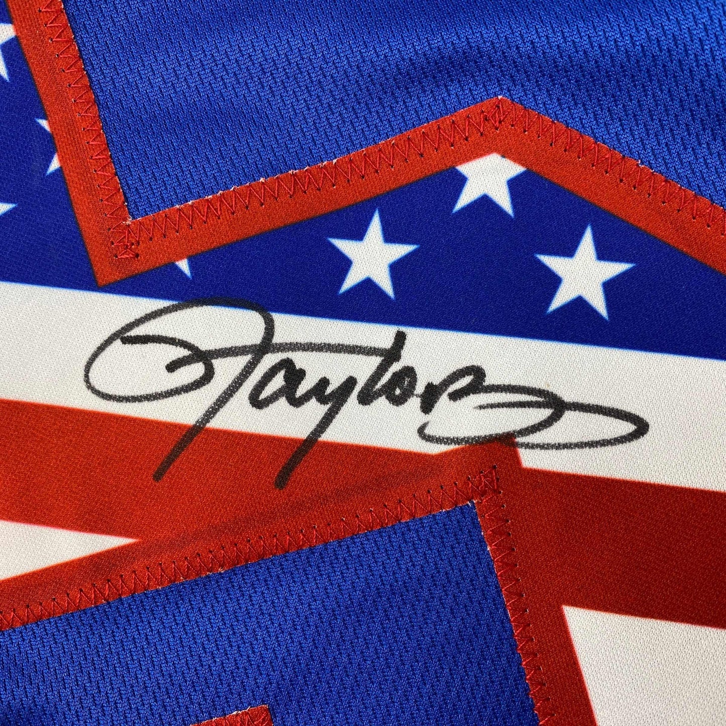 Autographed/Signed Lawrence Taylor New York Blue USA American Flag Football Jersey Beckett BAS COA