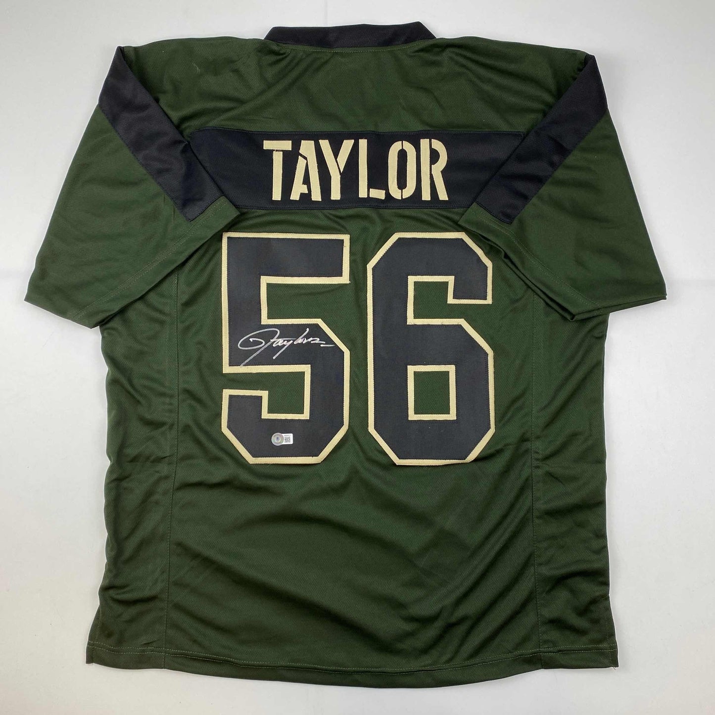 Autographed/Signed Lawrence Taylor New York Green Salute To Service Football Jersey Beckett BAS COA