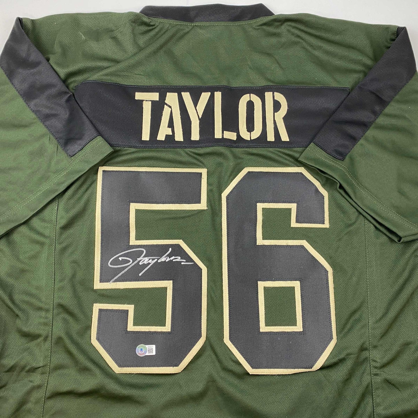 Autographed/Signed Lawrence Taylor New York Green Salute To Service Football Jersey Beckett BAS COA