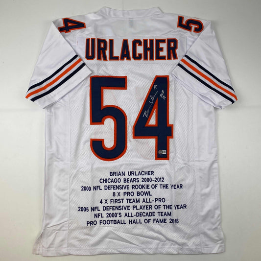 Autographed/Signed Brian Urlacher HOF 18 Chicago White Stat Football Jersey Beckett BAS COA