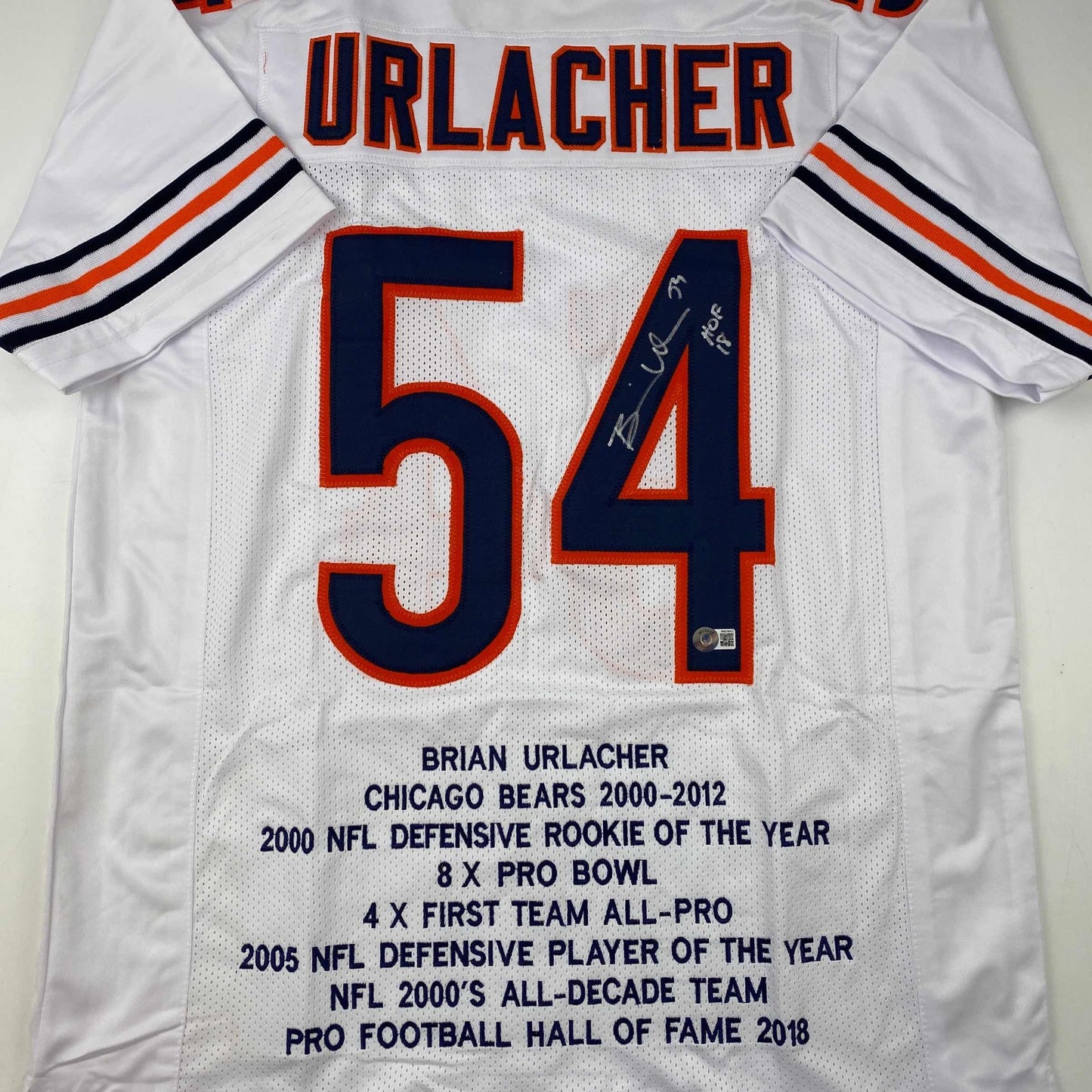 Autographed/Signed Brian Urlacher HOF 18 Chicago White Stat Football Jersey Beckett BAS COA