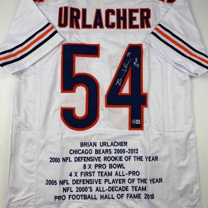 Autographed/Signed Brian Urlacher HOF 18 Chicago White Stat Football Jersey Beckett BAS COA