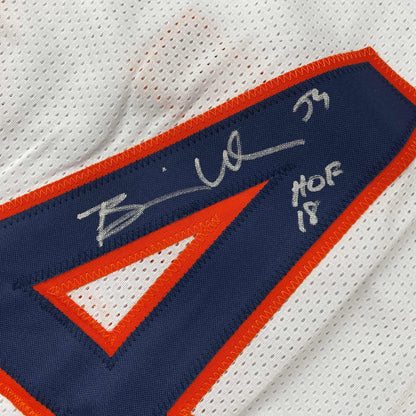 Autographed/Signed Brian Urlacher HOF 18 Chicago White Stat Football Jersey Beckett BAS COA