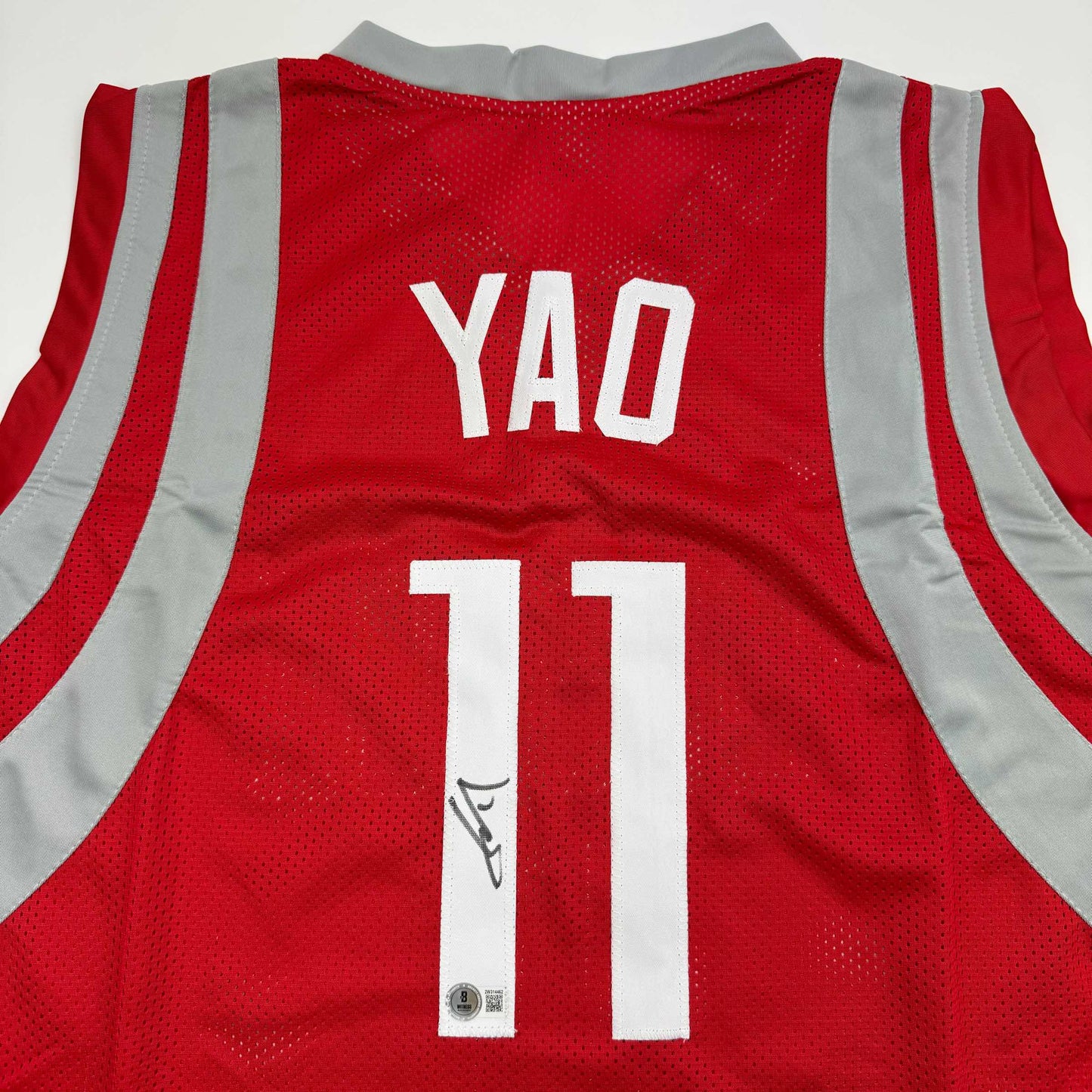 Autographed/Signed Yao Ming Houston Red Basketball Jersey Beckett BAS COA