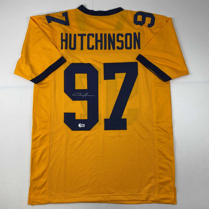 Autographed/Signed Aidan Hutchinson Michigan Yellow College Football Jersey Beckett BAS COA
