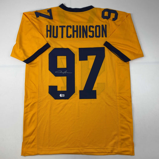 Autographed/Signed Aidan Hutchinson Michigan Yellow College Football Jersey Beckett BAS COA
