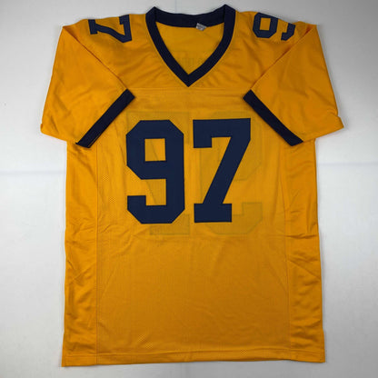 Autographed/Signed Aidan Hutchinson Michigan Yellow College Football Jersey Beckett BAS COA
