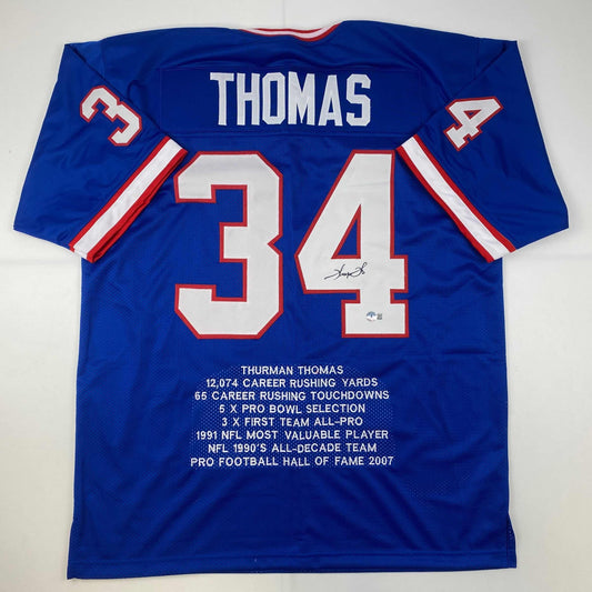 Autographed/Signed Thurman Thomas Buffalo Blue Stat Football Jersey Beckett BAS COA