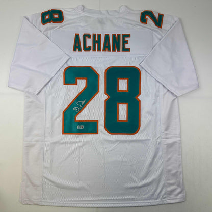 Autographed/Signed De'Von DeVon Achane Miami White Football Jersey Beckett BAS COA