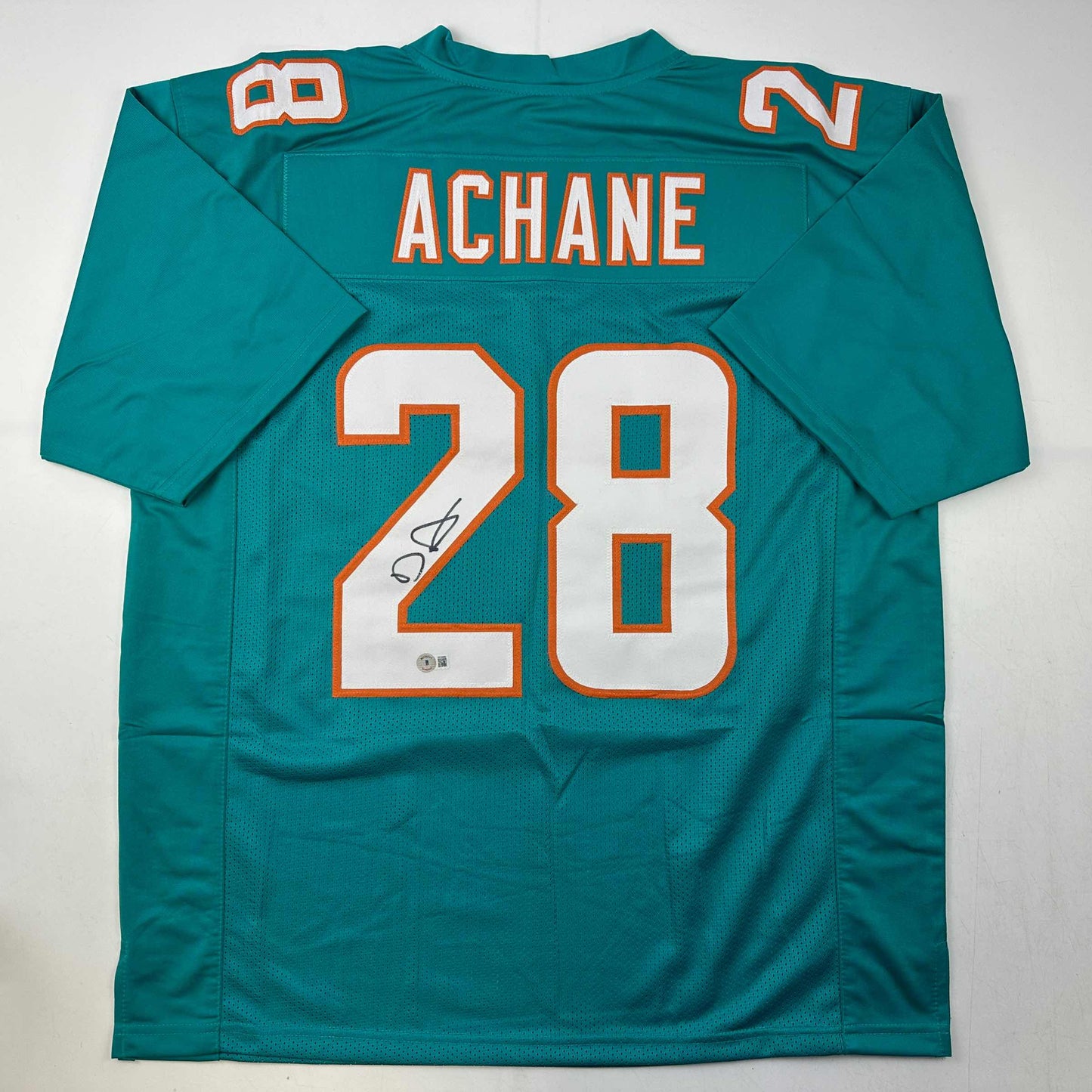 Autographed/Signed De'Von DeVon Achane Miami Teal Football Jersey Beckett BAS COA