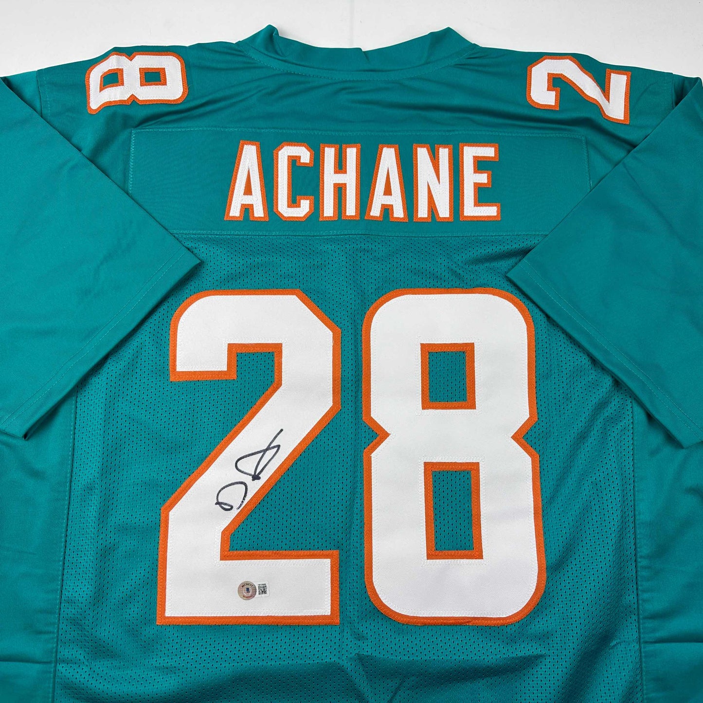 Autographed/Signed De'Von DeVon Achane Miami Teal Football Jersey Beckett BAS COA