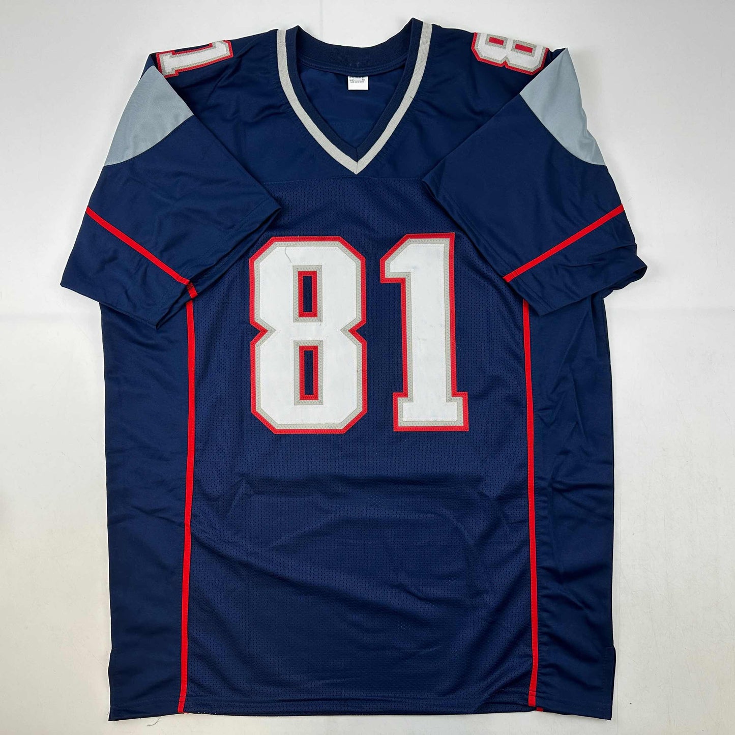 Autographed/Signed Randy Moss New England Blue Football Jersey Beckett BAS COA