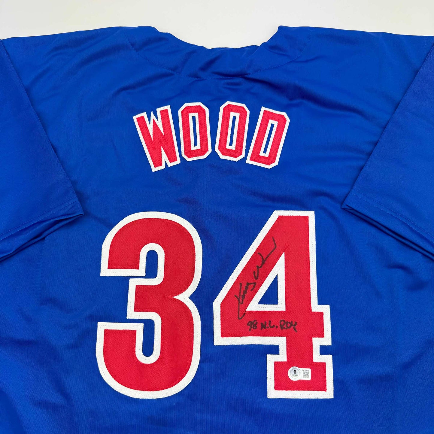 Autographed/Signed Kerry Wood 98 ROY Chicago Blue Baseball Jersey Beckett BAS COA