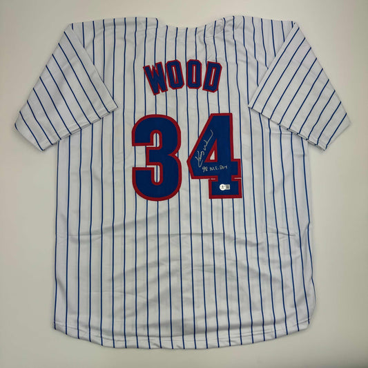 Autographed/Signed Kerry Wood 98 ROY Chicago Pinstripe Baseball Jersey Beckett BAS COA