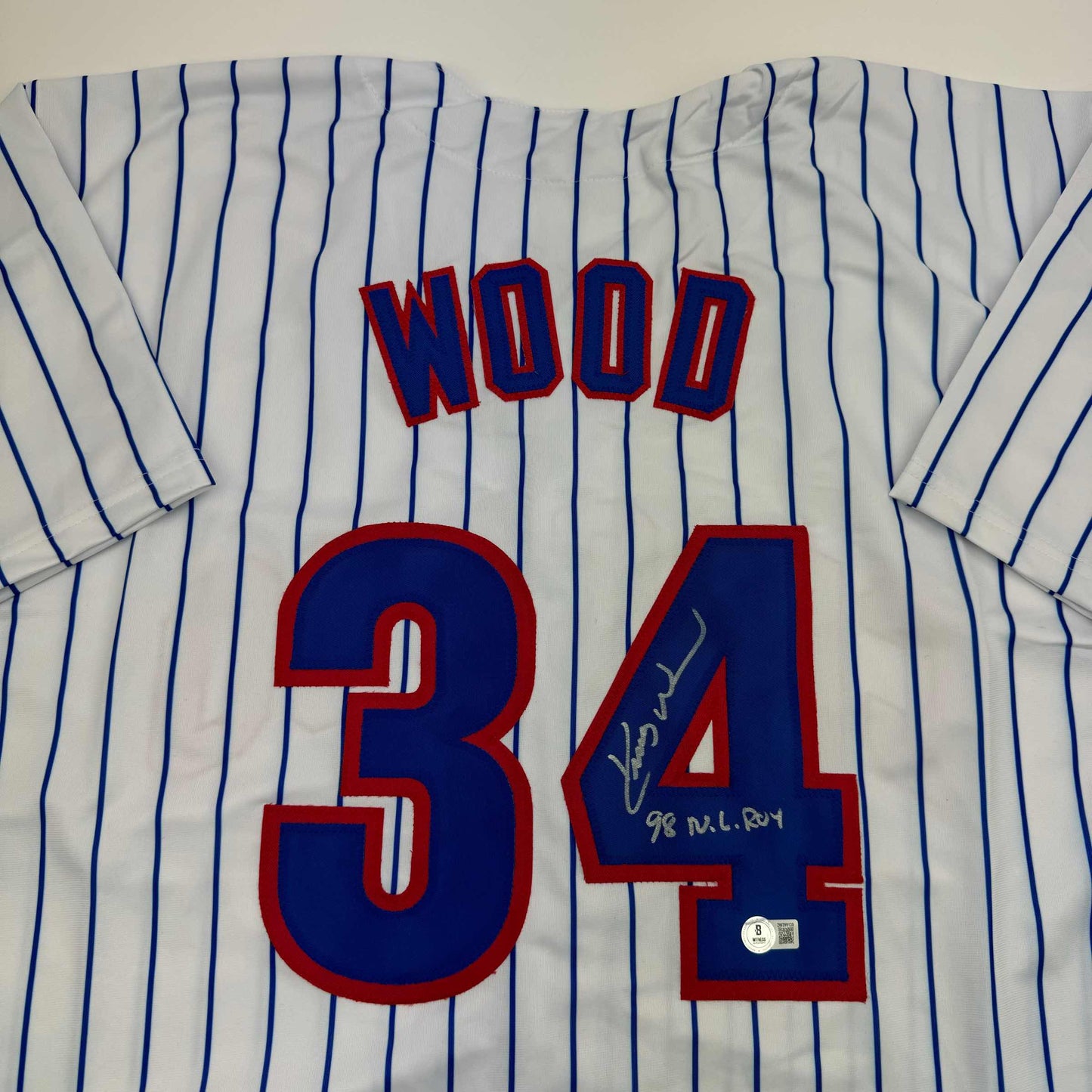 Autographed/Signed Kerry Wood 98 ROY Chicago Pinstripe Baseball Jersey Beckett BAS COA