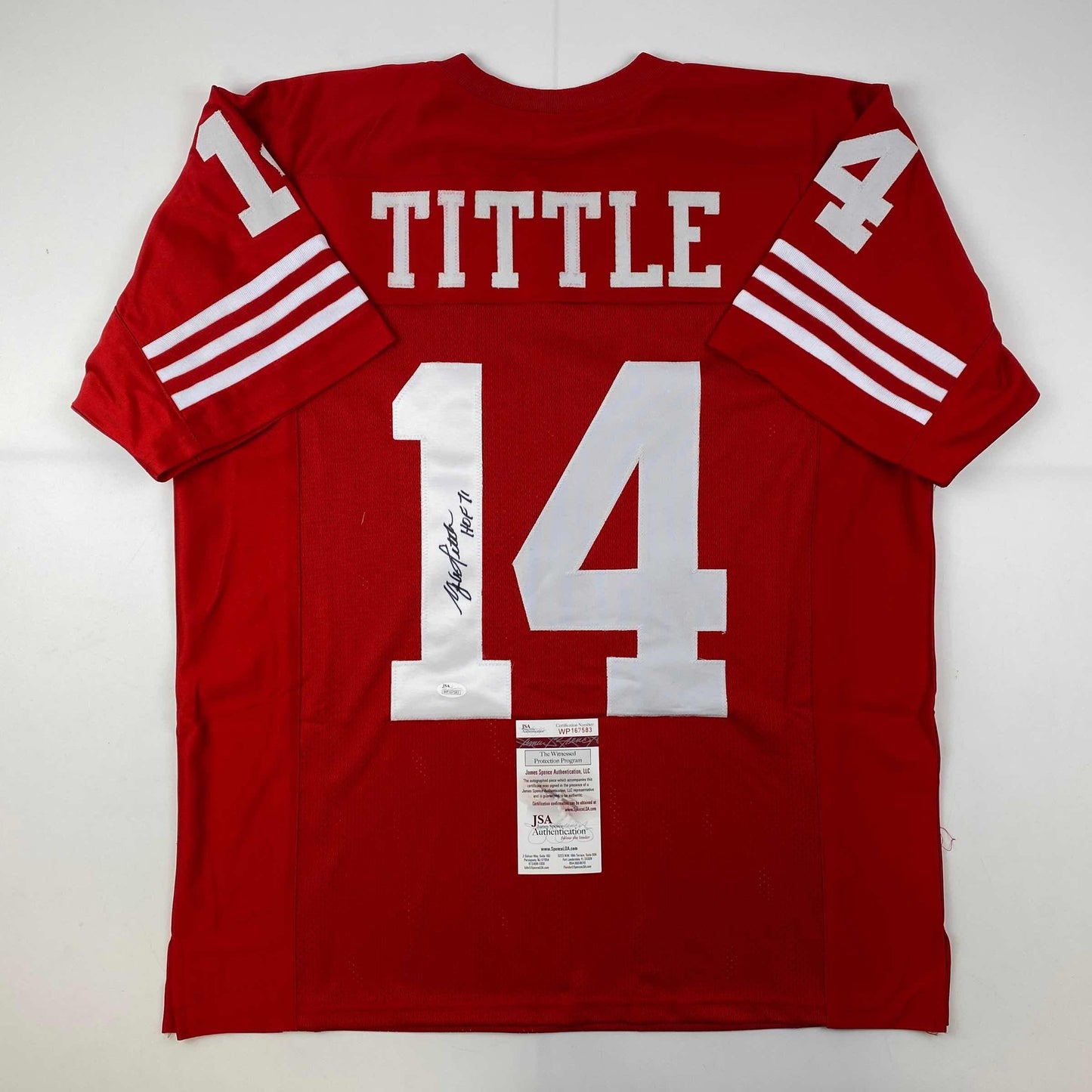 Autographed/Signed YA Y.A. Tittle HOF 71 San Francisco Red Football Jersey JSA COA