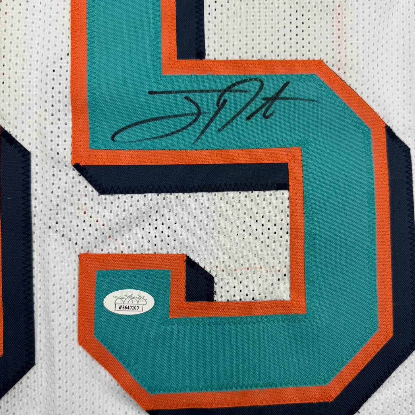 Framed Autographed/Signed Joey Porter Sr. 35x39 Miami White Football Jersey JSA COA
