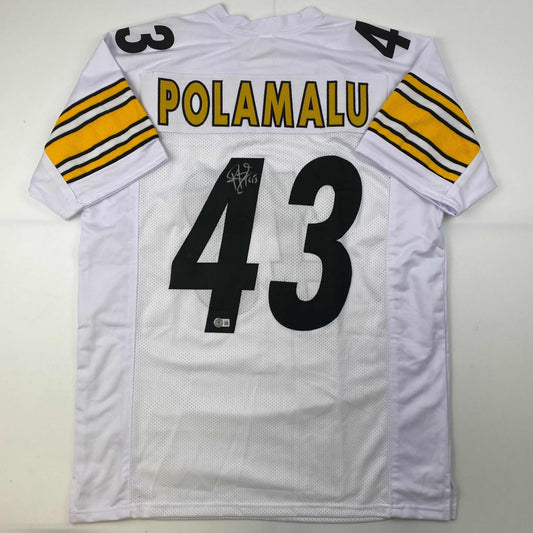 Autographed/Signed Troy Polamalu Pittsburgh White Football Jersey Beckett BAS COA