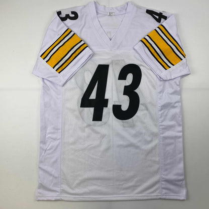 Autographed/Signed Troy Polamalu Pittsburgh White Football Jersey Beckett BAS COA