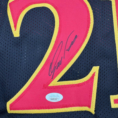 Framed Autographed/Signed Dominique Wilkins 35x39 Atlanta Black Basketball Jersey JSA COA