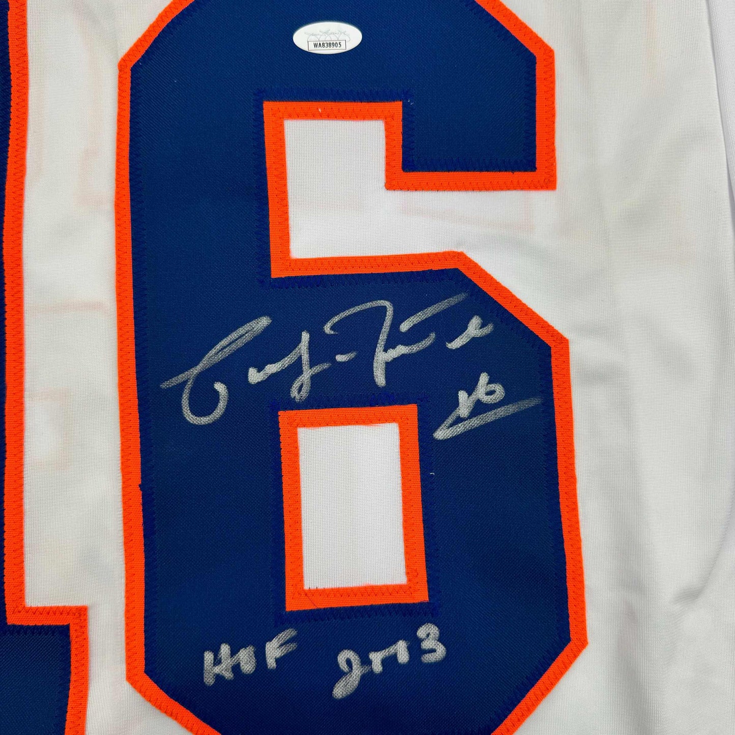 Framed Autographed/Signed Pat Lafontaine HOF 03 35x39 New York White Hockey Jersey JSA COA